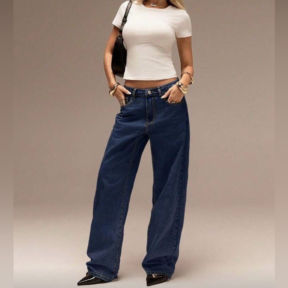 Navy Dark Blue High-Waist Wide-Leg Jeans